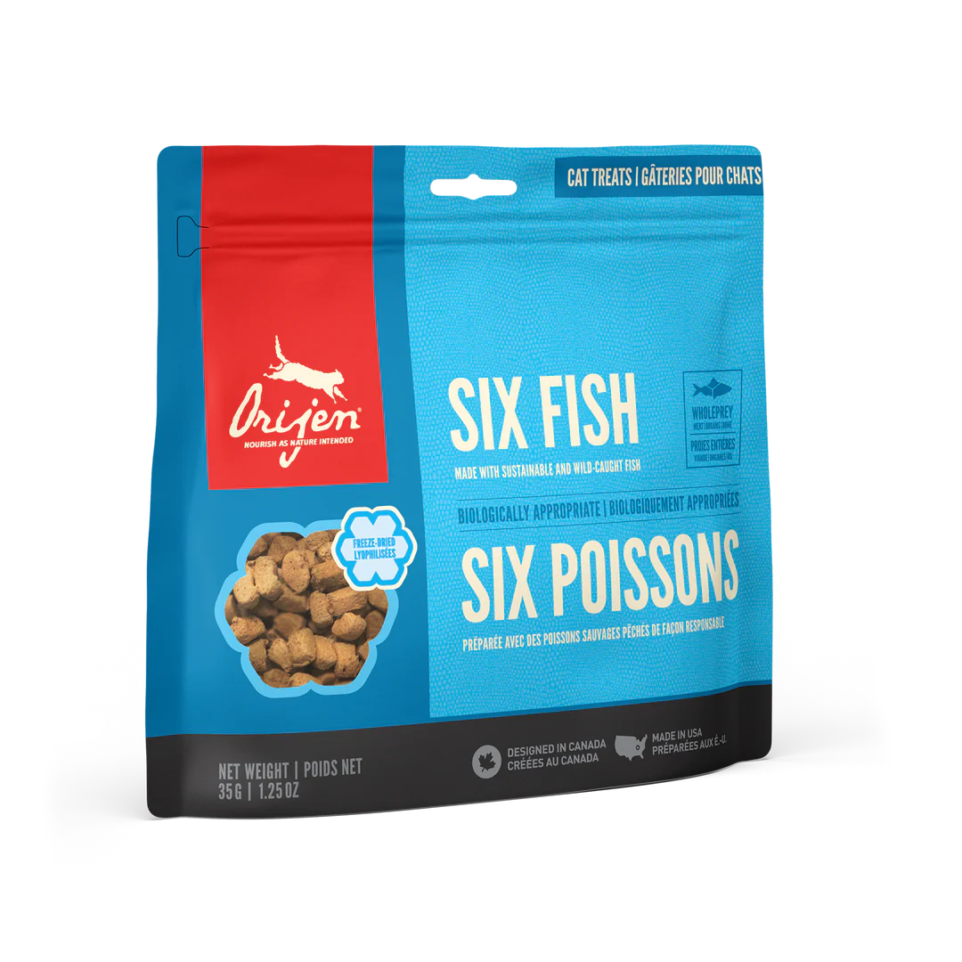 NSORIJENCatTreatsSixFishFrontRight35g Orijen Six Fish Freeze-Dried Cat Treats - Image 1